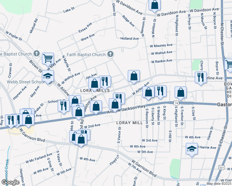 map of restaurants, bars, coffee shops, grocery stores, and more near 214 North Vance Street in Gastonia
