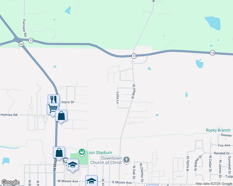map of restaurants, bars, coffee shops, grocery stores, and more near 103 Lelia Lane in Searcy