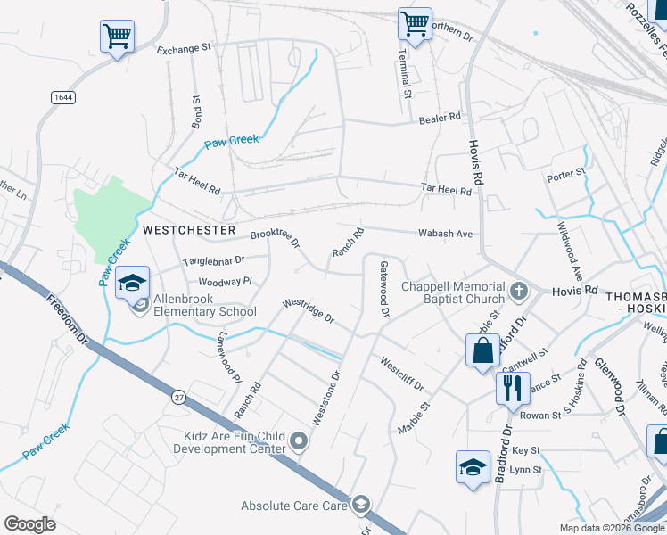 map of restaurants, bars, coffee shops, grocery stores, and more near 4434 Brooktree Drive in Charlotte