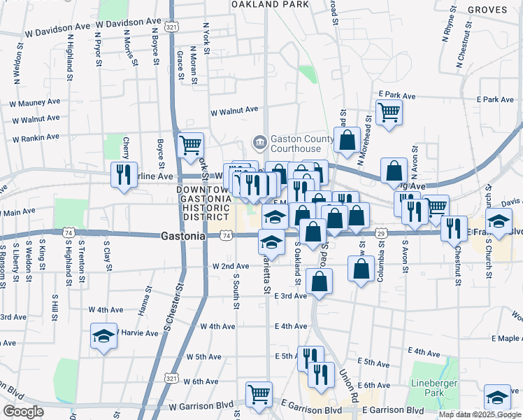 map of restaurants, bars, coffee shops, grocery stores, and more near 161 West Main Avenue in Gastonia