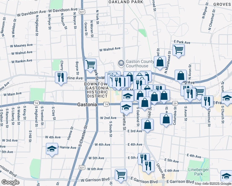 map of restaurants, bars, coffee shops, grocery stores, and more near 161 West Main Avenue in Gastonia