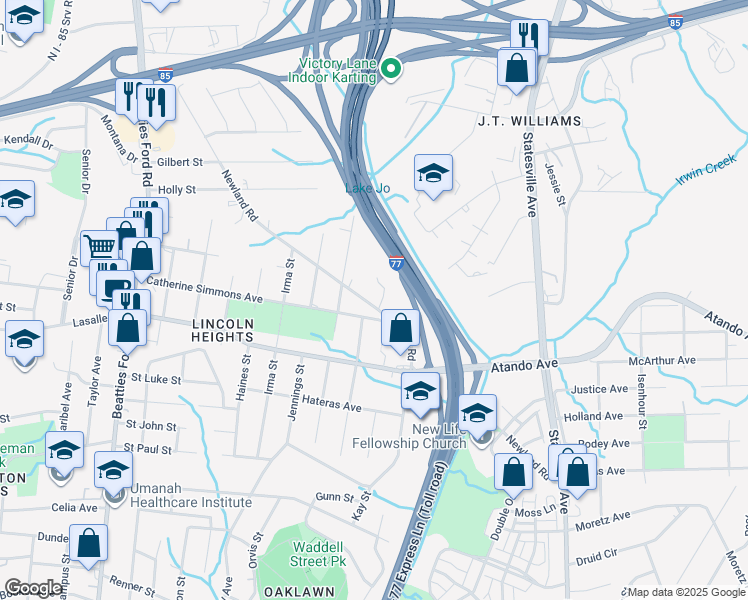 map of restaurants, bars, coffee shops, grocery stores, and more near 1704 Newland Road in Charlotte
