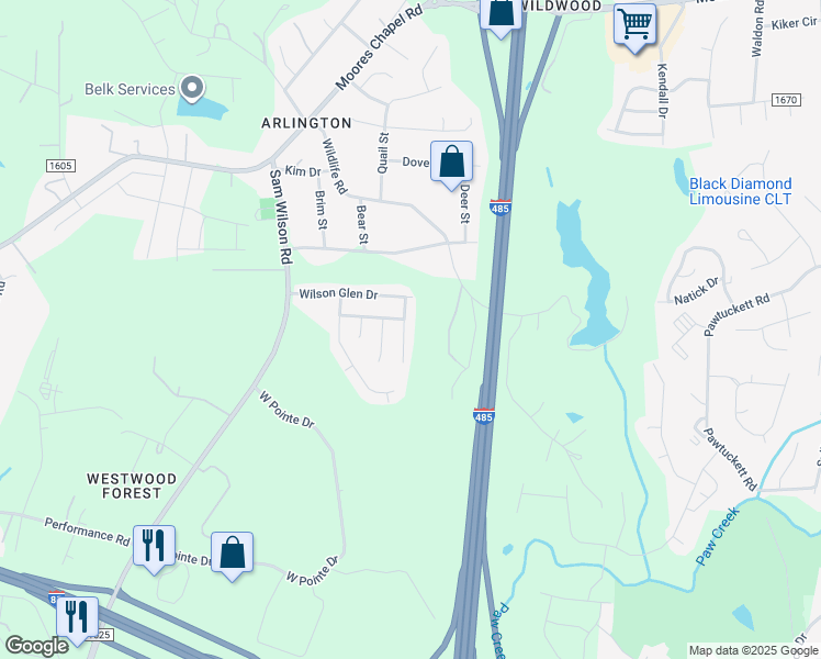 map of restaurants, bars, coffee shops, grocery stores, and more near 7823 Euler Way in Charlotte