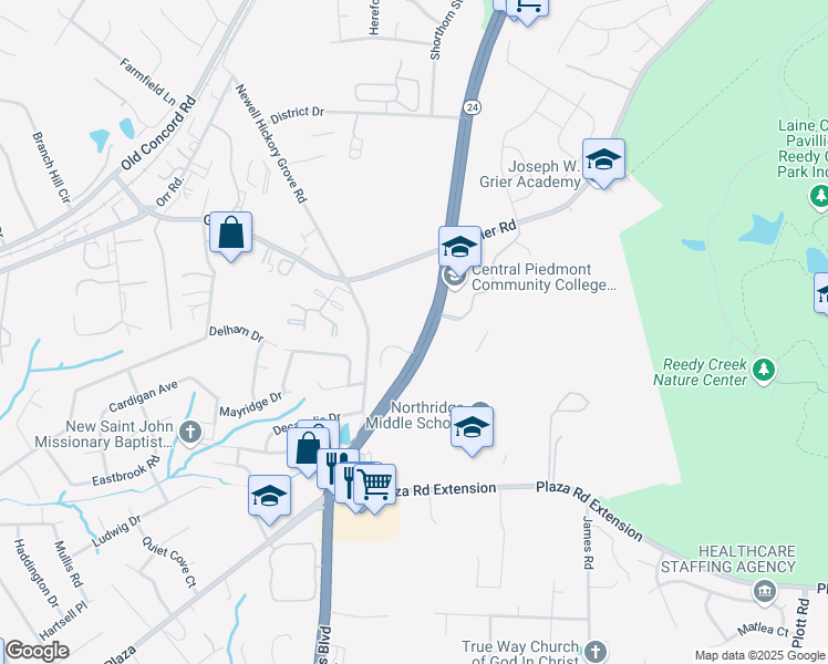 map of restaurants, bars, coffee shops, grocery stores, and more near 3653 Huyton Court in Charlotte