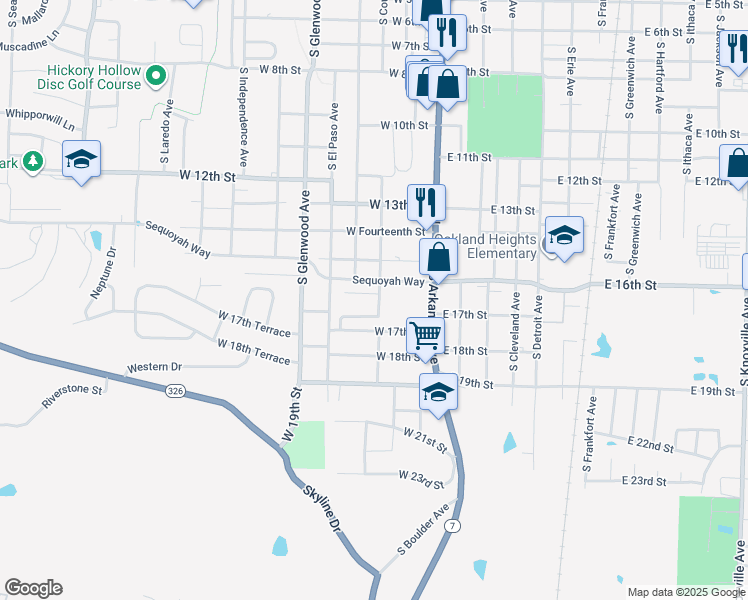 map of restaurants, bars, coffee shops, grocery stores, and more near 7 West 16th Place in Russellville
