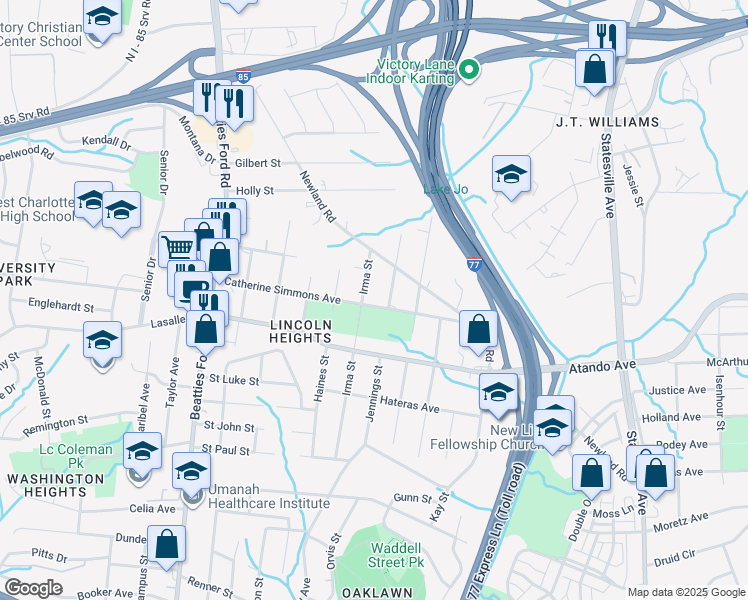 map of restaurants, bars, coffee shops, grocery stores, and more near 2105 Jennings Street in Charlotte