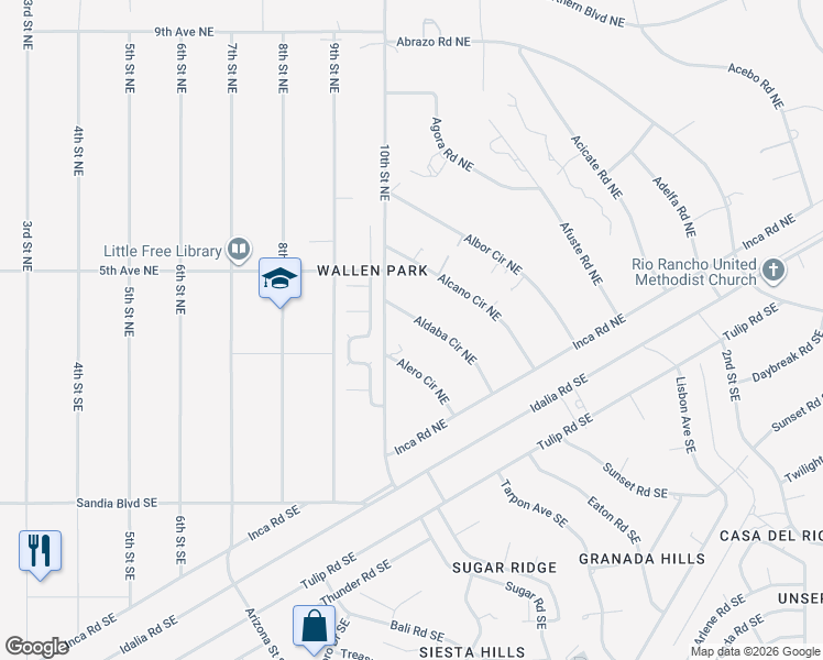map of restaurants, bars, coffee shops, grocery stores, and more near 305 Aldaba Circle Northeast in Rio Rancho