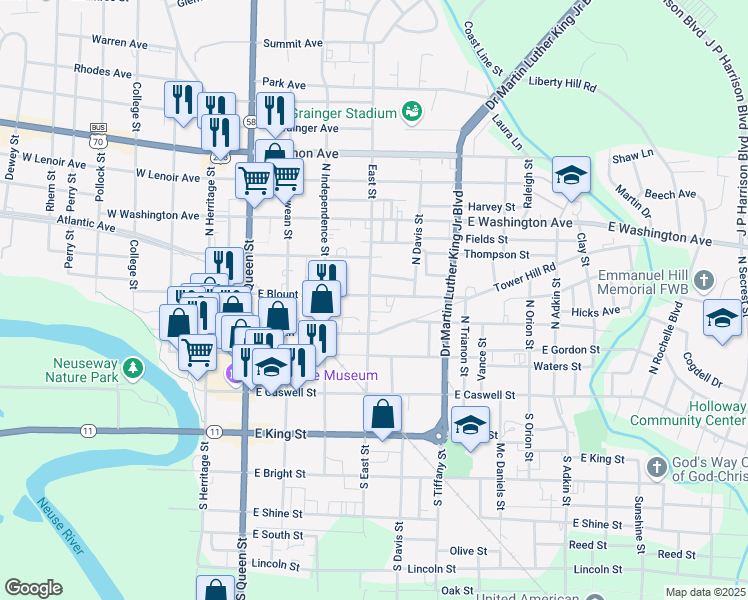 map of restaurants, bars, coffee shops, grocery stores, and more near 403 East Blount Street in Kinston
