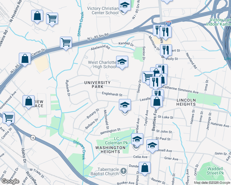 map of restaurants, bars, coffee shops, grocery stores, and more near 2644 Englehardt Street in Charlotte