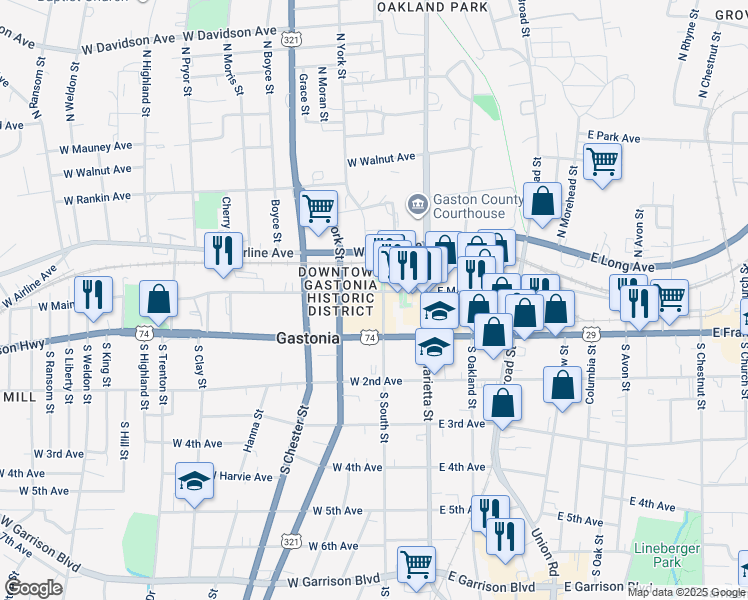 map of restaurants, bars, coffee shops, grocery stores, and more near 233 West Main Avenue in Gastonia