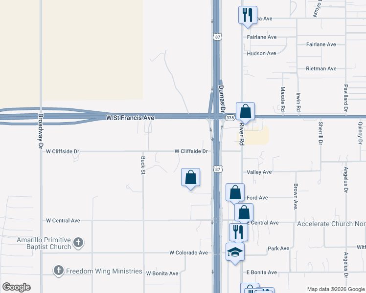 map of restaurants, bars, coffee shops, grocery stores, and more near 130 West Cliffside Drive in Amarillo