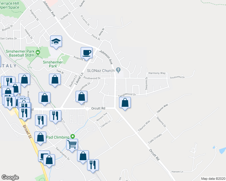 map of restaurants, bars, coffee shops, grocery stores, and more near 3535 Johnson Avenue in San Luis Obispo