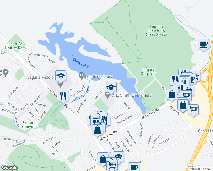 map of restaurants, bars, coffee shops, grocery stores, and more near 1297 Balboa Street in San Luis Obispo