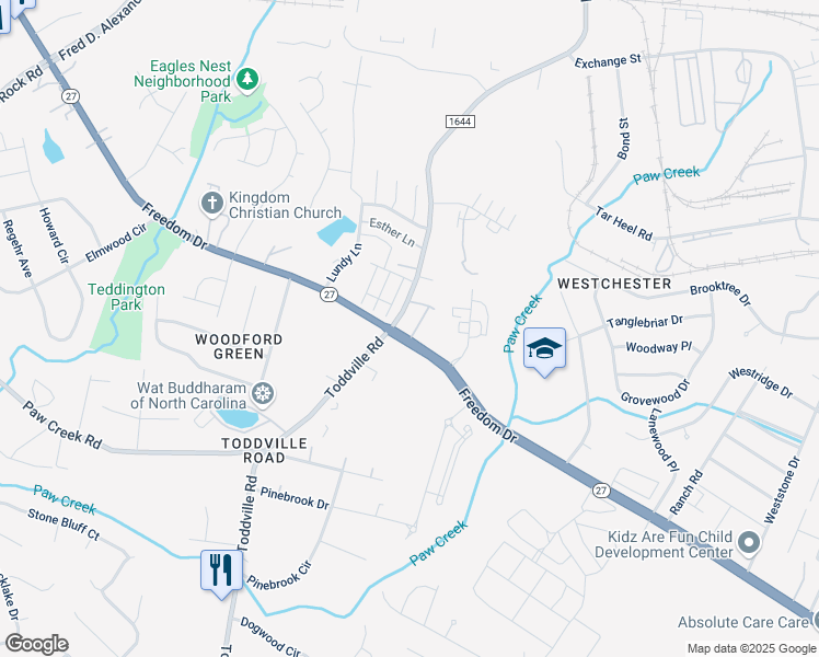 map of restaurants, bars, coffee shops, grocery stores, and more near 5270 Freedom Drive in Charlotte
