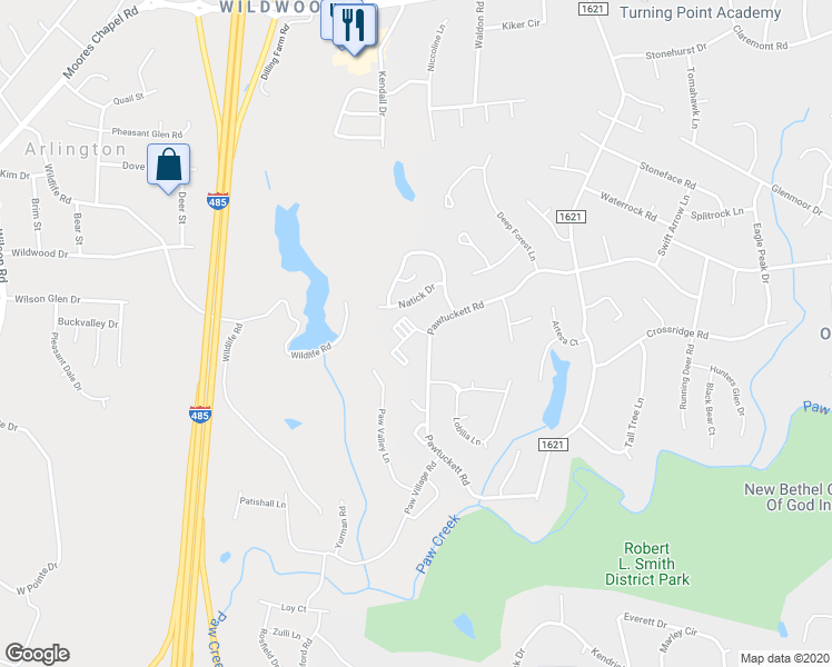 map of restaurants, bars, coffee shops, grocery stores, and more near 9101 Spyglass Place in Charlotte