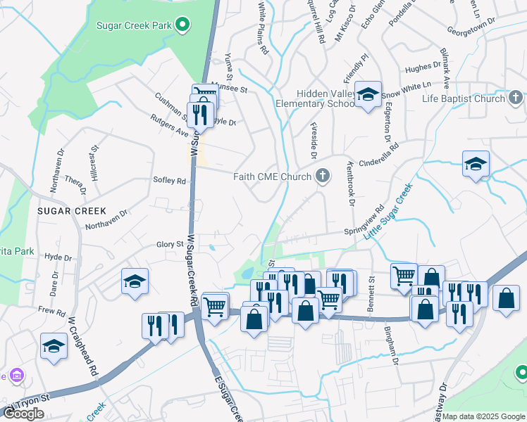 map of restaurants, bars, coffee shops, grocery stores, and more near 4534 Cinderella Road in Charlotte