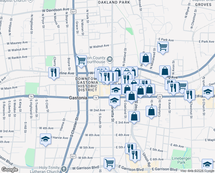 map of restaurants, bars, coffee shops, grocery stores, and more near 161 West Main Avenue in Gastonia