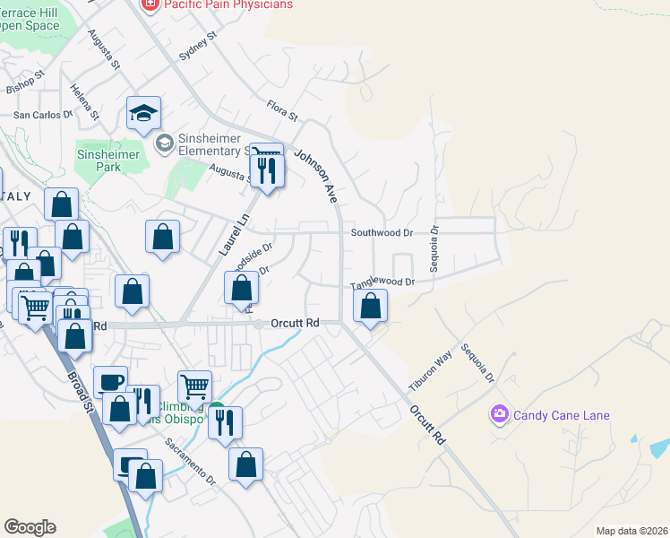map of restaurants, bars, coffee shops, grocery stores, and more near 3535 Johnson Avenue in San Luis Obispo