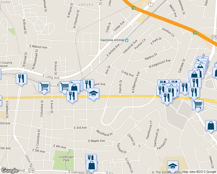 map of restaurants, bars, coffee shops, grocery stores, and more near 103 South Belvedere Avenue in Gastonia