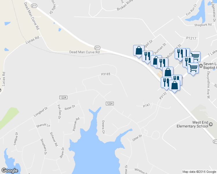 map of restaurants, bars, coffee shops, grocery stores, and more near 170 Lamplighter Lane in Seven Lakes