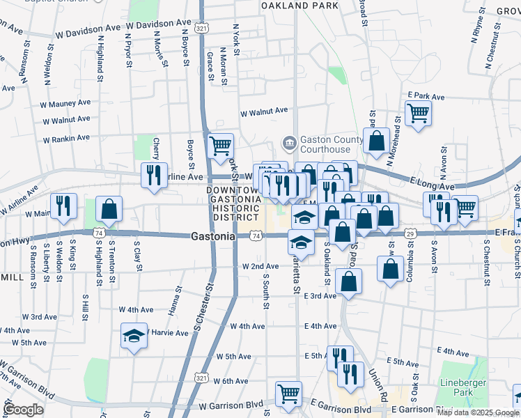 map of restaurants, bars, coffee shops, grocery stores, and more near 233 West Main Avenue in Gastonia
