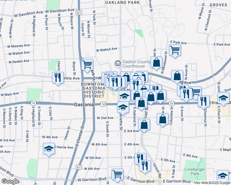 map of restaurants, bars, coffee shops, grocery stores, and more near 161 West Main Avenue in Gastonia