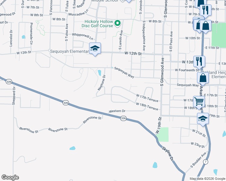map of restaurants, bars, coffee shops, grocery stores, and more near 1105 West 17th Terrace in Russellville