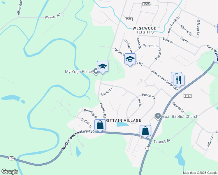 map of restaurants, bars, coffee shops, grocery stores, and more near 921 Lake Drive in Shelby