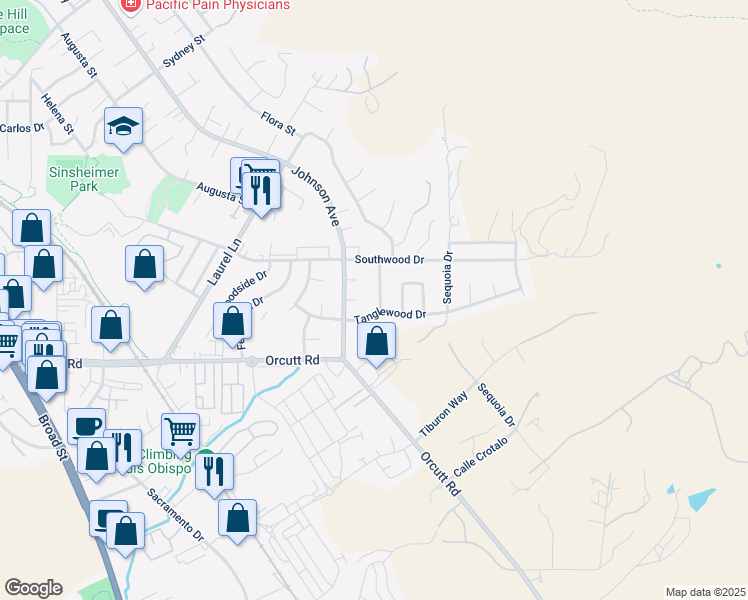 map of restaurants, bars, coffee shops, grocery stores, and more near 3559 Sycamore Drive in San Luis Obispo