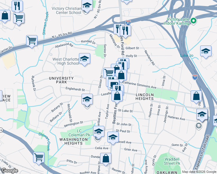 map of restaurants, bars, coffee shops, grocery stores, and more near 2111 Beatties Ford Road in Charlotte
