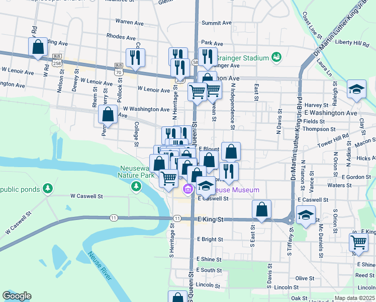 map of restaurants, bars, coffee shops, grocery stores, and more near 330 North Queen Street in Kinston