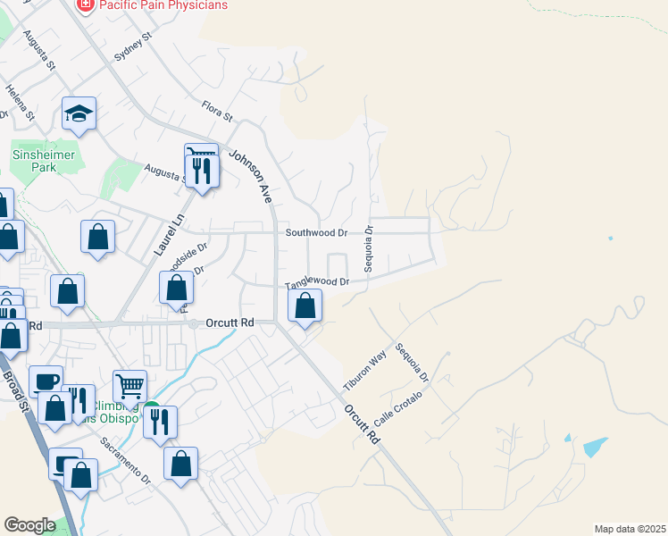 map of restaurants, bars, coffee shops, grocery stores, and more near 1638 Crestview Cir in San Luis Obispo