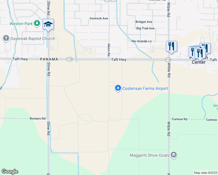 map of restaurants, bars, coffee shops, grocery stores, and more near Akers Road in Bakersfield