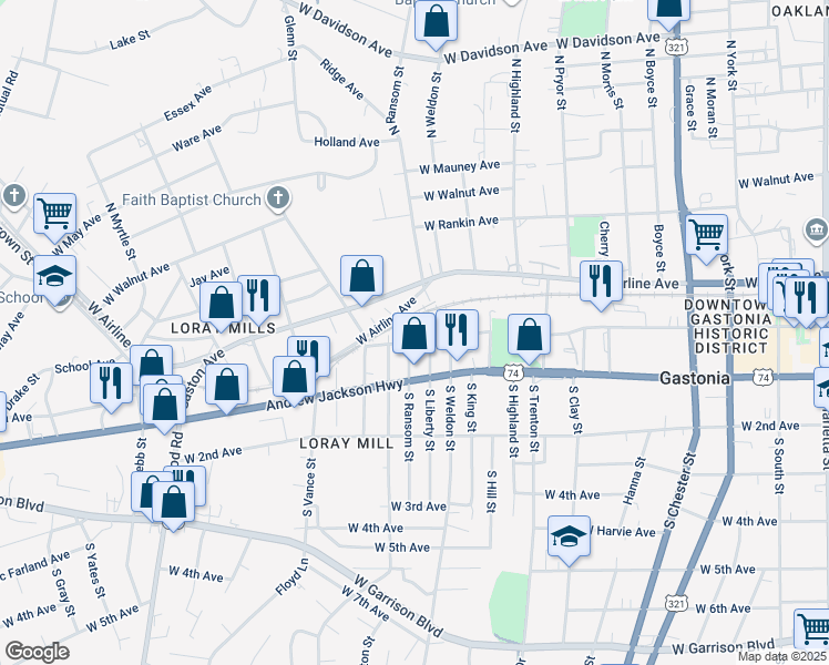 map of restaurants, bars, coffee shops, grocery stores, and more near 104 North Ransom Street in Gastonia