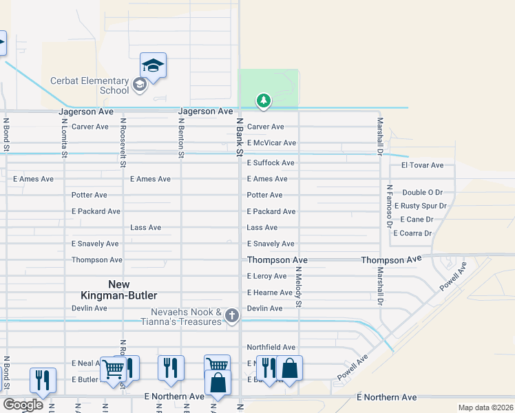 map of restaurants, bars, coffee shops, grocery stores, and more near 3029 East Packard Avenue in Kingman