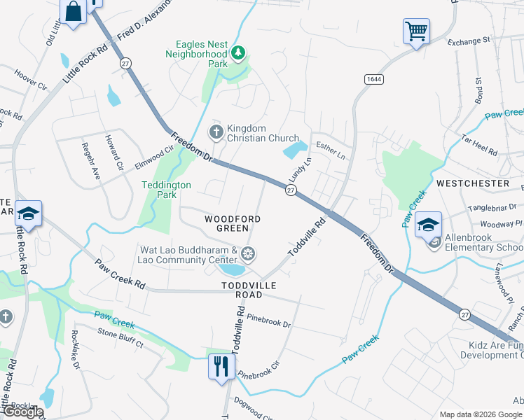 map of restaurants, bars, coffee shops, grocery stores, and more near 1607 Teddington Drive in Charlotte