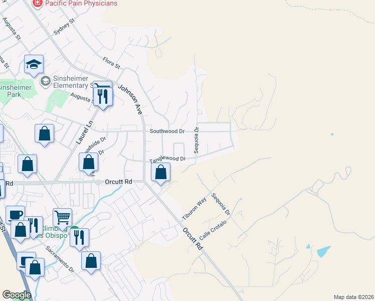 map of restaurants, bars, coffee shops, grocery stores, and more near 3465 Sequoia Drive in San Luis Obispo