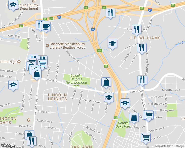 map of restaurants, bars, coffee shops, grocery stores, and more near 2120 Kennesaw Drive in Charlotte