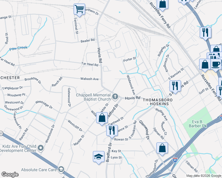 map of restaurants, bars, coffee shops, grocery stores, and more near 4528 Hovis Road in Charlotte