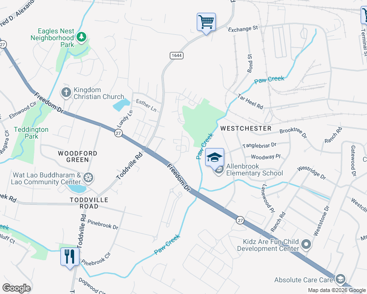 map of restaurants, bars, coffee shops, grocery stores, and more near 150 Park Fairfax Drive in Charlotte