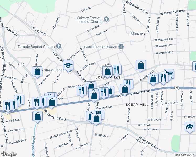 map of restaurants, bars, coffee shops, grocery stores, and more near 1410 Rosewood Lane in Gastonia
