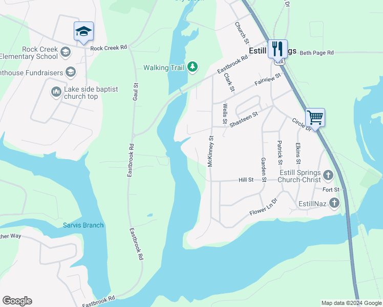map of restaurants, bars, coffee shops, grocery stores, and more near 115 Lake St in Estill Springs