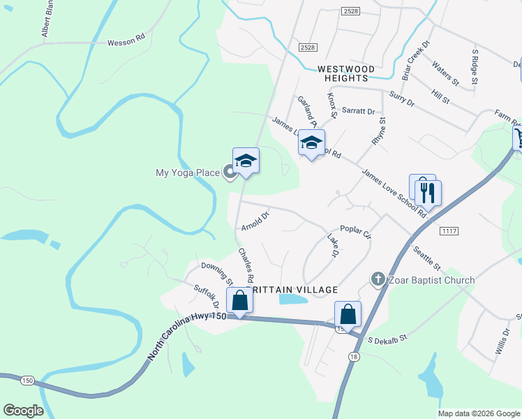 map of restaurants, bars, coffee shops, grocery stores, and more near 921 Lake Drive in Shelby