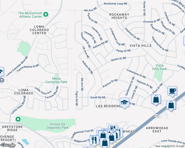 map of restaurants, bars, coffee shops, grocery stores, and more near Asbury Road Northeast in Rio Rancho