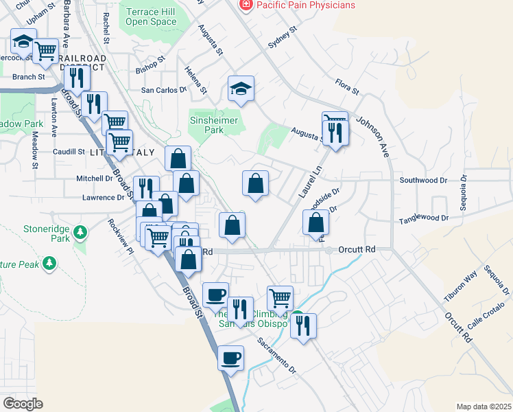 map of restaurants, bars, coffee shops, grocery stores, and more near 1150 Laurel Lane in San Luis Obispo