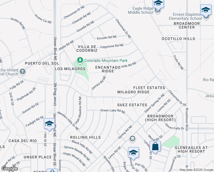map of restaurants, bars, coffee shops, grocery stores, and more near 308 Doe Court Northeast in Rio Rancho