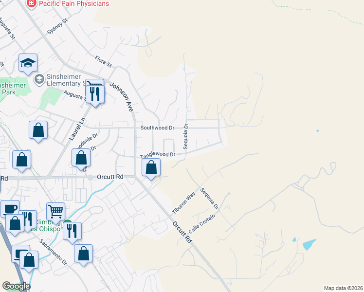 map of restaurants, bars, coffee shops, grocery stores, and more near 3465 Sequoia Drive in San Luis Obispo