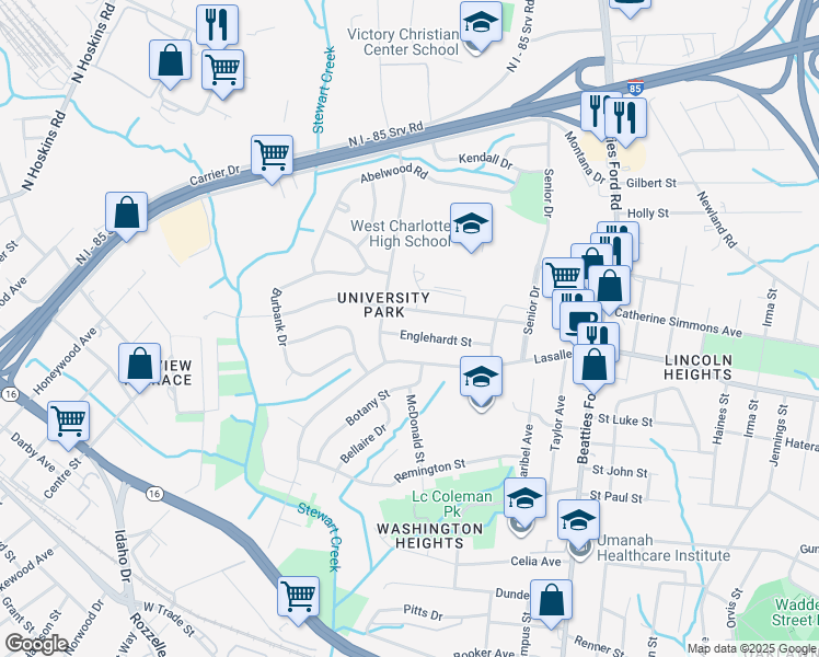 map of restaurants, bars, coffee shops, grocery stores, and more near 2732 Englehardt Street in Charlotte