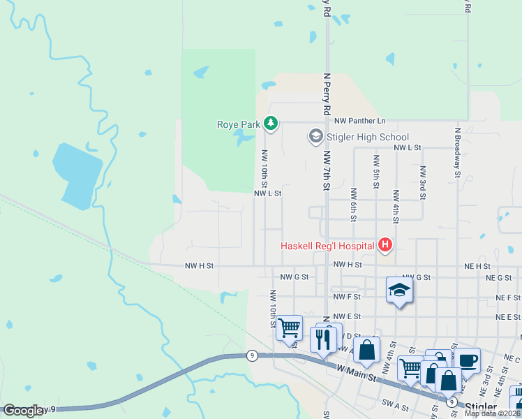 map of restaurants, bars, coffee shops, grocery stores, and more near 1109 Northwest 10th Street in Stigler