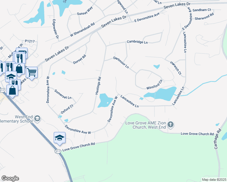 map of restaurants, bars, coffee shops, grocery stores, and more near 165 Lancashire Lane in West End
